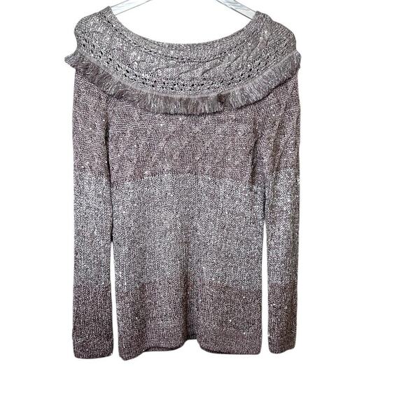 White House Black Market Sweaters - WHBM Sequin Knit Boat Neck Sweater  in Taupe with Gold Metallic Knit Women’s XS